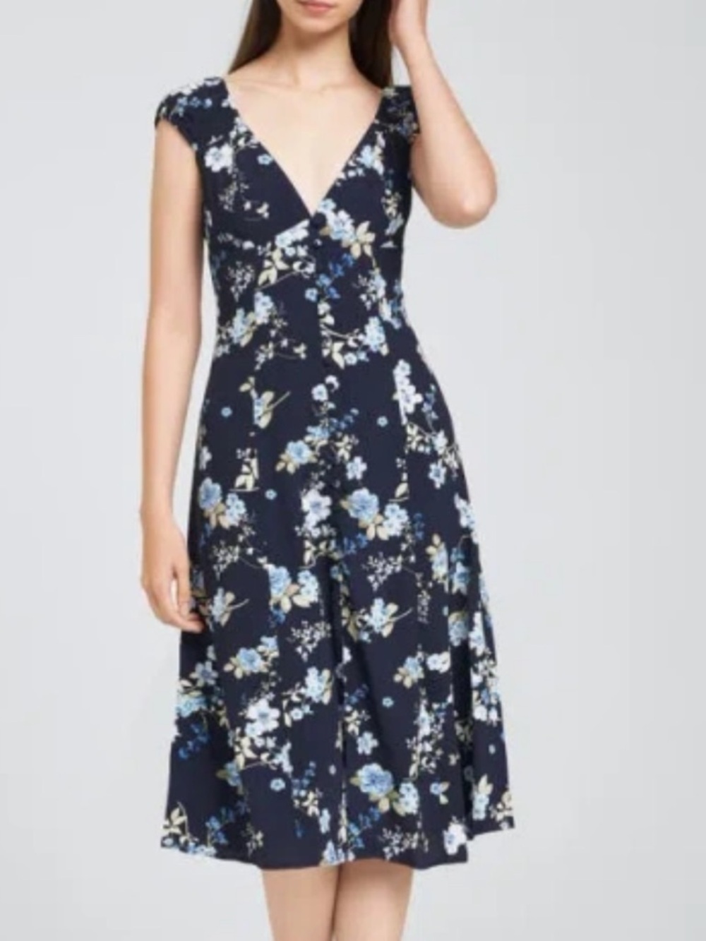 Wayf Navy Floral Midi dress with Light Blue Blooms size XS